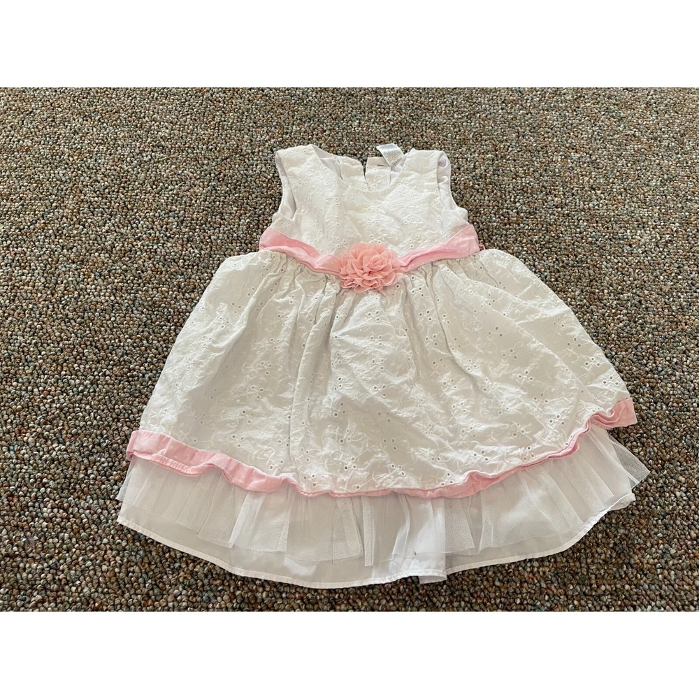 George Girls White Eyelet Pink Flower Dress 18M